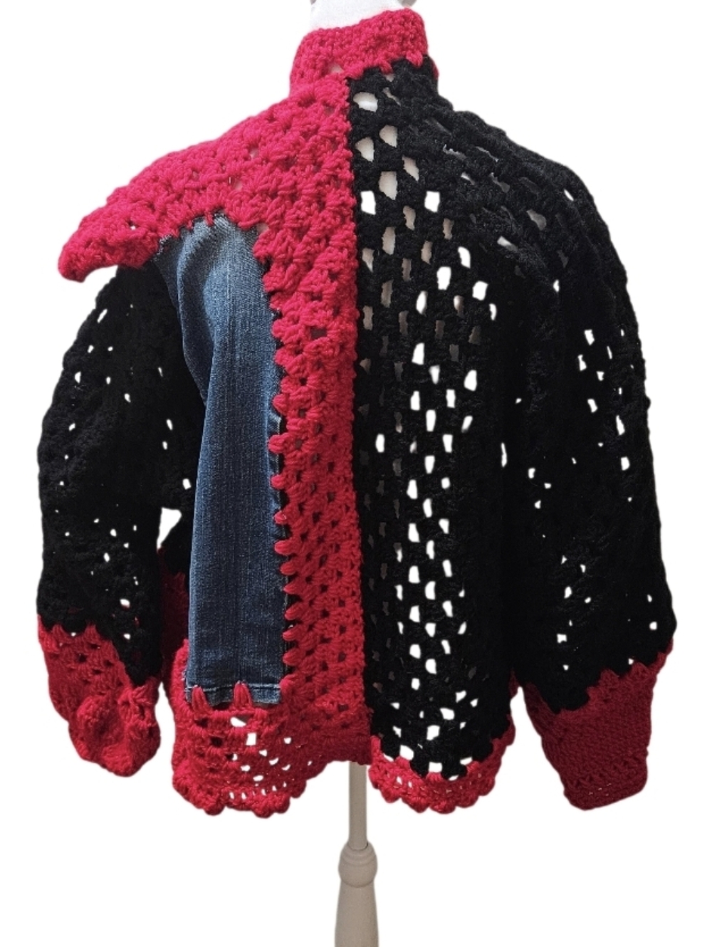 Women Granny Square Punk Cardigan Skull DJ Upcycled Denim Crochet Jacket Boho - Picture 6 of 16